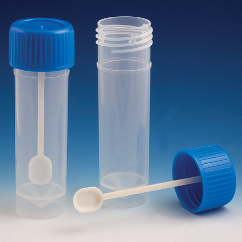 Globe Scientific Container, Fecal, 30mL, Attached Screw Cap with Spoon, PP, Conical Bottom, Self-Standing, 100/Bag, 5 Bags/Unit Centrifuge Tube; 30mL; Self Standing; Screwcap; Polypropylene; PP